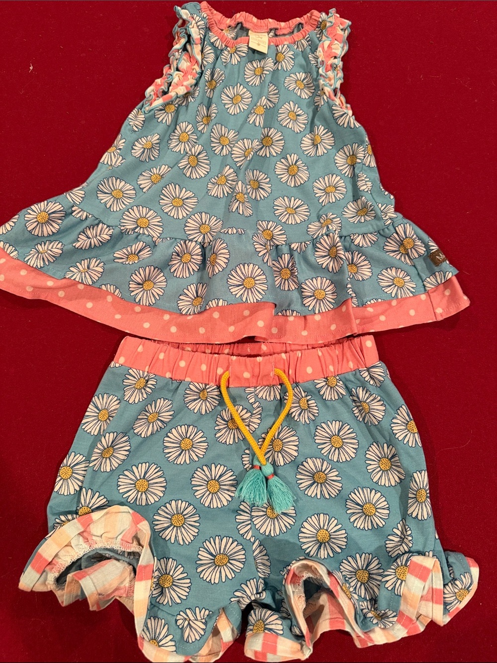 Matilda Jane Blue Daisy Ruffle Tank & Shorts PJ Set with Pink Trim